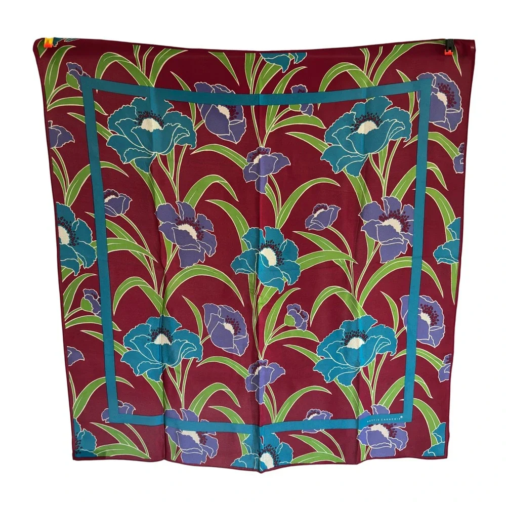 Hattie Carnegie Scarf Burgundy Blue Silk Floral‎ Poppy Print Vintage 27